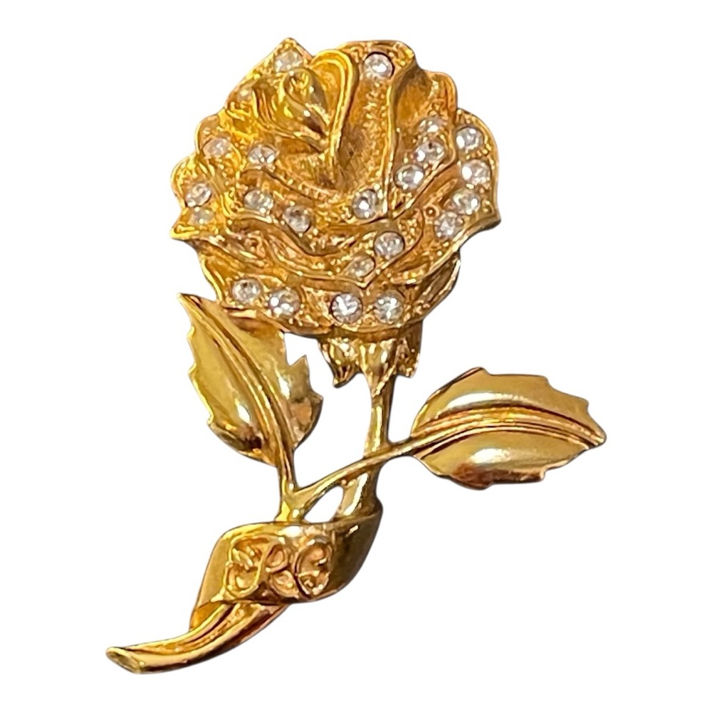 Vintage 80s 90s RC Gold Tone Large‎ Rhinestone Rose Brooch Pin 2.5” Long
